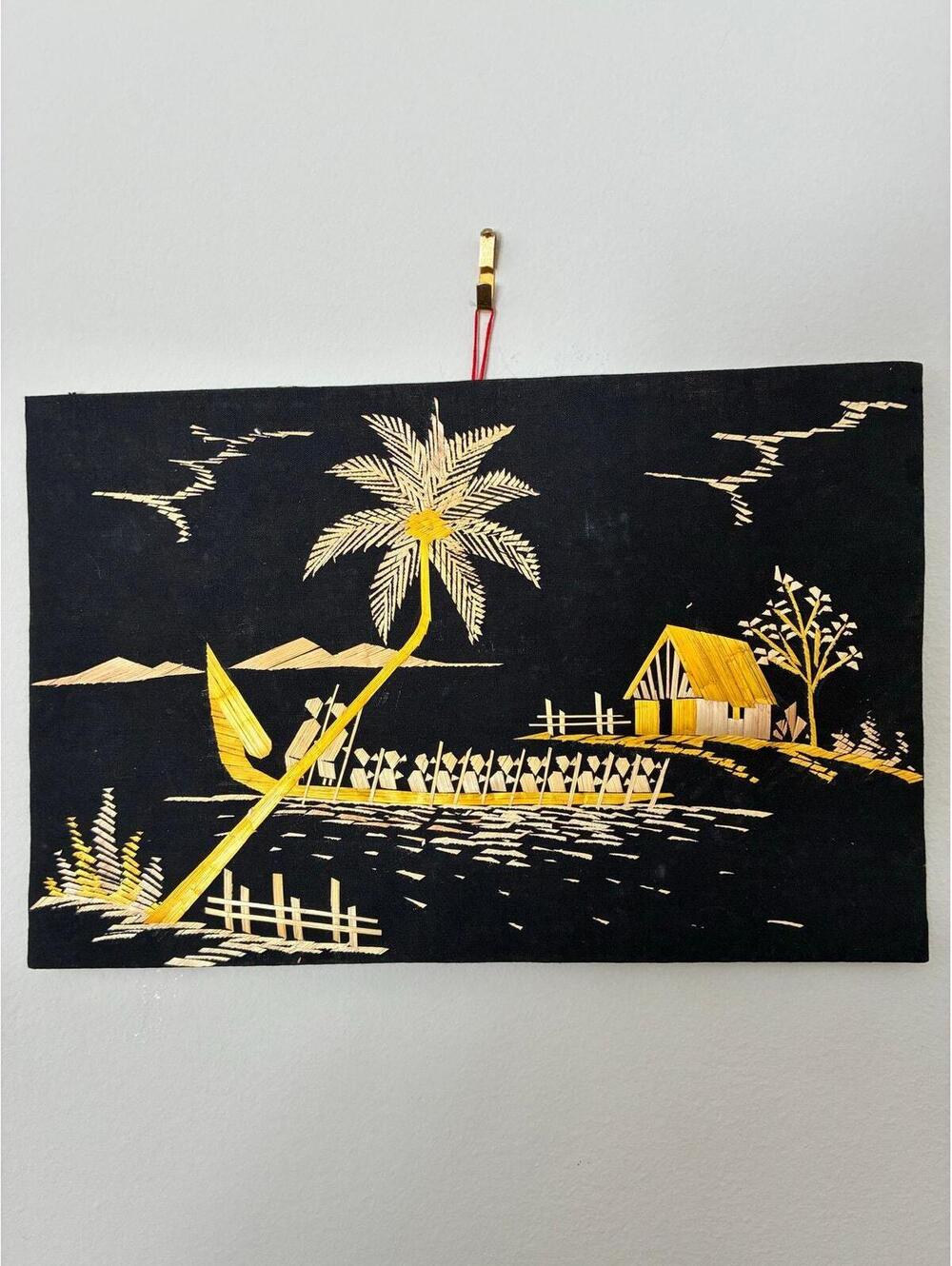 Vintage Asian Straw Art Wall Hanging – Black & Gold Village Scene